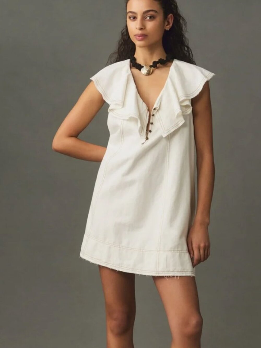 NEW Anthropologie Pilcro Ruffle Cotton Linen Frayed Ivory Button Shift Dress S